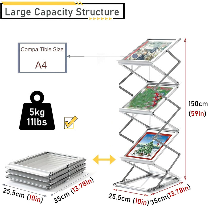 Складаний стелаж для журналів для розміщення на підлозі, алюмінієвий стелаж для брошур з нековзними ніжками, тримач для файлів для офісу, роздрібної торгівлі, економія місця (колір сріблястий сріблястий)