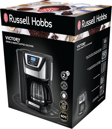 Кавоварка Russell Hobbs з кавомолкою цифровий таймер, душова лійка для оптимальної екстракції та аромату Victory (макс. 12 чашок, скляний глечик 1,5 л, регулювання помелу) Кавоварка з фільтром 22000-56/RH