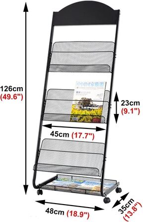 Металева стійка для журналів, стійка для брошур, переносна стійка для брошур на колесах для приймальні, лобі готелю, торгового залу (колір білий) (колір чорний)