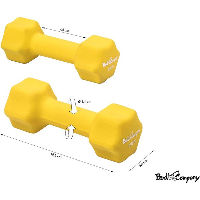Погана компанія Неопренові гантелі від 0,5 кг до 5 кг кольорові I Малі гантелі прогумовані для фітнесу Гімнастика Аеробіка Головна I Домашній тренажерний зал Гантелі для жінок Чоловіки I Гантелі d - 2 х 2 кг (жовті)