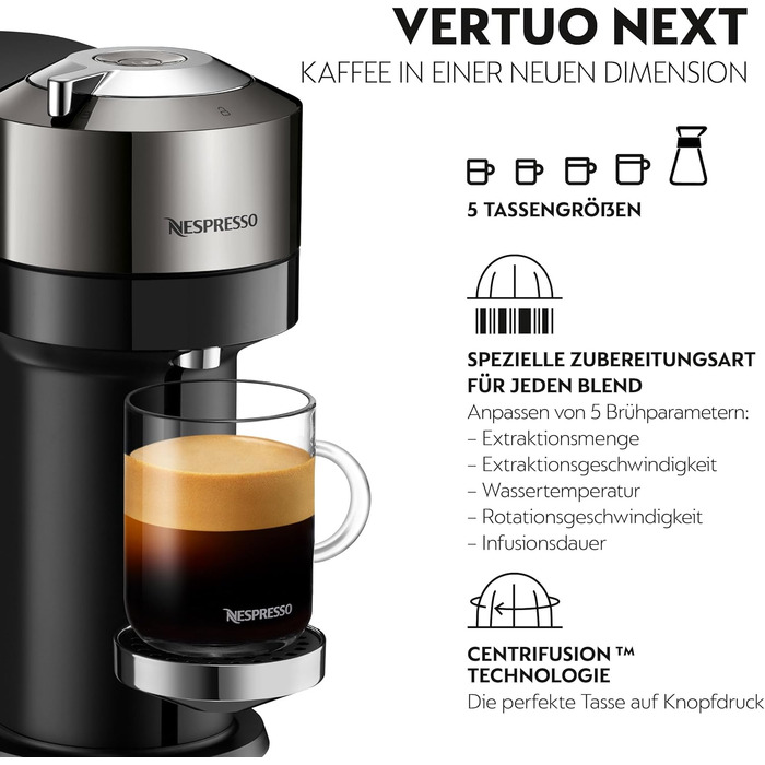 Кавова капсульна машина Nespresso Krups XN910C Vertuo Next Резервуар для води 1,1 л Розпізнавання капсул за штрих-кодом 6 розмірів чашок Функція вимкнення живлення 54 переробленого пластику Темний хром