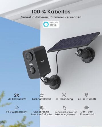 Камера спостереження ieGeek 2K Outdoor Battery Solar, 5200mAh Battery Camera Surveillance Outdoor WLAN, PIR Motion Detection, Colorful Night Vision, 2-Way Audio, Spotlights, IP65 Waterproof