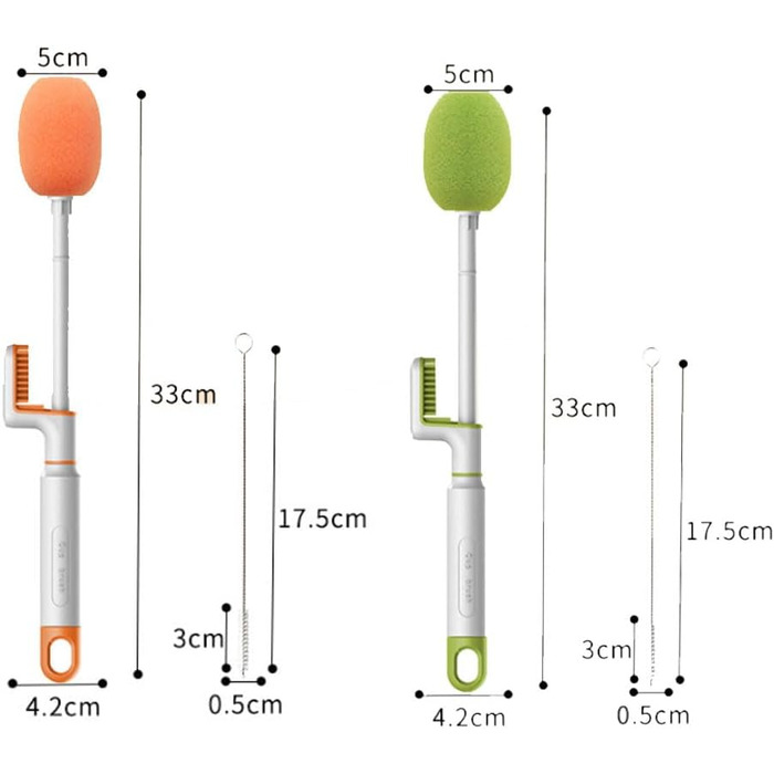 Щітка для чищення 3-в-1, Скрубер для чашок, Довга ручка, Щітка для пляшок, Засіб для чищення скла, Інструмент, Зелений Помаранчевий, 2 шт. и