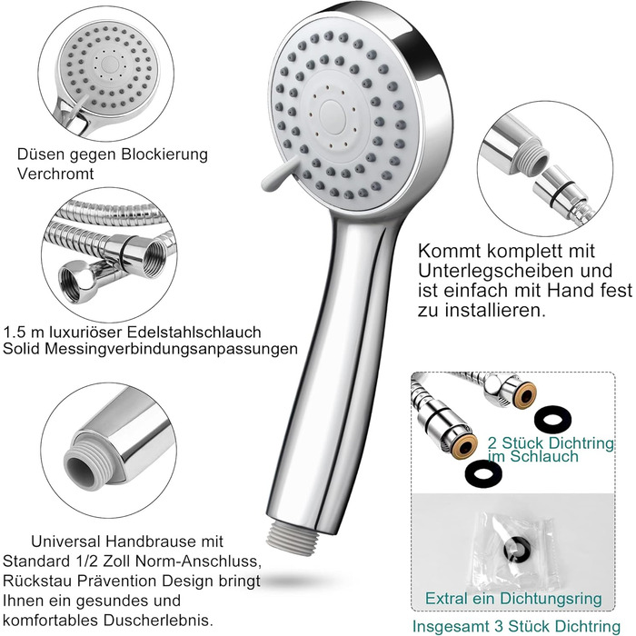 Душова лійка Ручна душова лійка 3 режими розпилення Високий напір зі шлангом 1,5 м Водозберігаюча душова лійка Ручна душова лійка з душовим шлангом і тефлоновою стрічкою хром 3