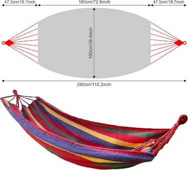 Гамак Firschoie, брезент 280 x 100 см загальна довжина 280 см Вантажопідйомність гамака 300 кг, смугастий туристичний гамак Зручні вуличні гамаки, гамгемат для вулиці, кемпінгу, балкона, пляжу (червоний)