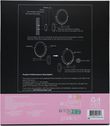 Акумуляторне косметичне дзеркало Auxmir зі світлодіодним освітленням, дзеркало для ванної кімнати зі збільшенням /10 шт. Настінне, дзеркало для макіяжу з регулюванням яскравості та сенсорним екраном 3 світлих кольорів, дзеркало для гоління на 360 для ванн