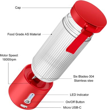 Персональний блендер Ticfly Portable Blender - Блендер з акумулятором 4000 мАг 450 мл, Смузі-машина, Міні-міксер з 6 лопатями для дому, Ручний міксер Спортивний тренажерний зал і Outdoor (Червоний)