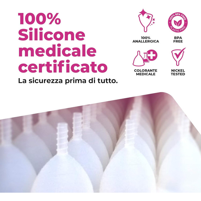 Набір з 2 менструальних чаш, виробництво Італія, м'яка, безпечна, виготовлена з медичного силікону, екологічна, зручна, розмір 2 х 2 шт. и, прозора і кольору фуксії