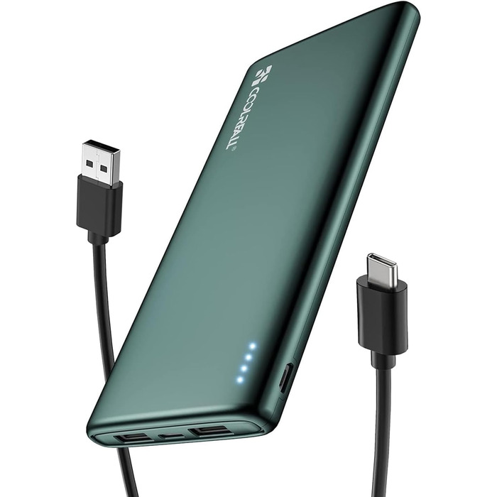 Тонкий і легкий зовнішній акумулятор для мобільного телефону з USB C (вхід і вихід), 2 USB виходами і Mirco USB входами, power bank для iPhone, Samsung Galaxy, Huawei, Xiaomi, iPad 10000 mAh Зелений 10000 mAh, 10000mAh