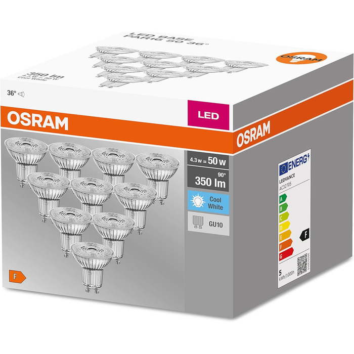 Світлодіодна рефлекторна лампа Osram Base PAR16 з цоколем GU10, 4,3 Вт, теплий білий, 10 шт. (1 упаковка) (50 Вт, 10 упаковок, 4000k холодний білий)