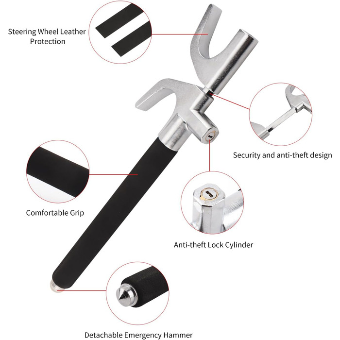 Блокування керма Shkalacar Підходить для всіх видів автомобілів, 9-контактний регульований кіготь керма з 3 ключами та функцією захисного молотка, захист від крадіжки для керма від 7.82 до 12.8