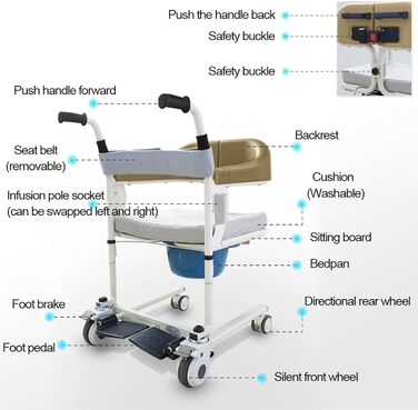 Інвалідні візки для ванної кімнати, крісло для перенесення пацієнтів, туалетне крісло для ванни для людей похилого віку з обмеженими можливостями, багатофункціональний підйомник для переміщення пацієнтів повного тіла для людей похилого віку, коричневий ко