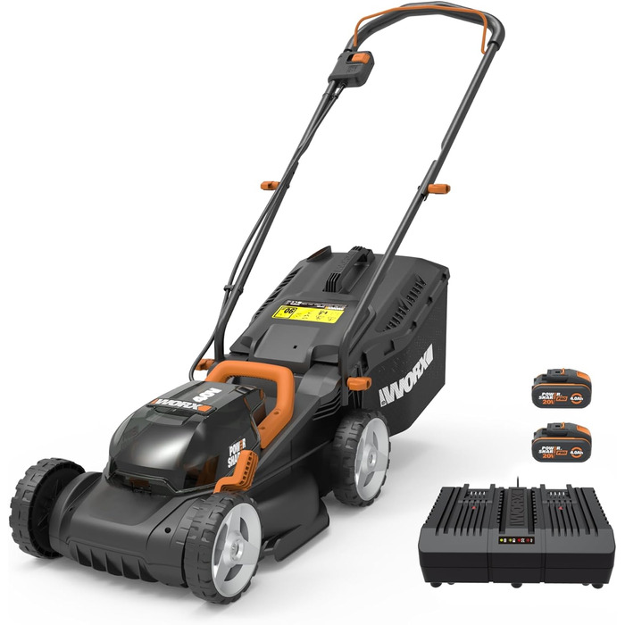 Акумуляторна газонокосарка WORX WG779E.1 40В (2 x 20В) - ширина зрізу 34 см - ідеально підходить для садів площею до 460 м - технологія IntelliCut - зручне зберігання - в комплекті акумулятор 2х4Ач та подвійний швидкий зарядний пристрій Один