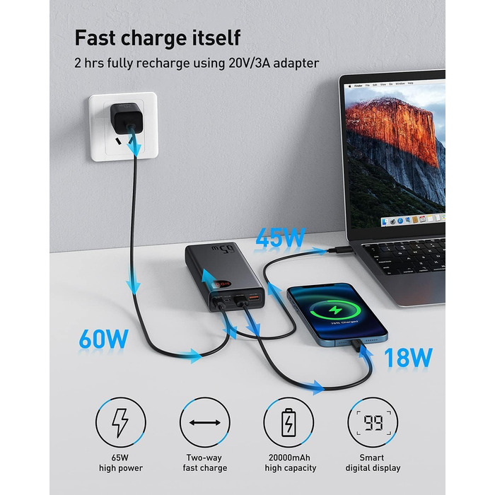 Powerbank Baseus 65W PD QC 4.0, 20000mAh, USB-C вхід/вихід