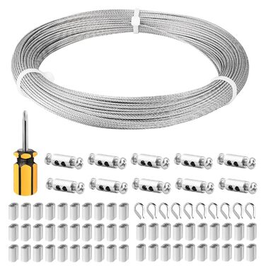 Трос Abimars з нержавіючої сталі 50 м, 304 сталевий трос для садового дроту, з наперстками з дротяної мотузки, алюмінієві рукави, ідеально підходить для рослин, допоміжний засіб для скелелазіння, для підвішування ремесел