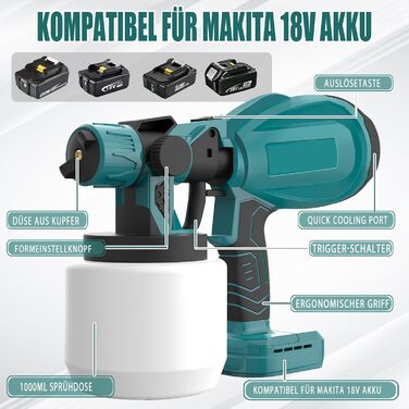 Заміна системи розпилення фарби для акумулятора Makita 18v, розпилювач фарби 3-в-1, для фарбування стін, стель, меблів, садових огорож фарборозпилювач 1000мл знімний контейнер (без акумулятора)