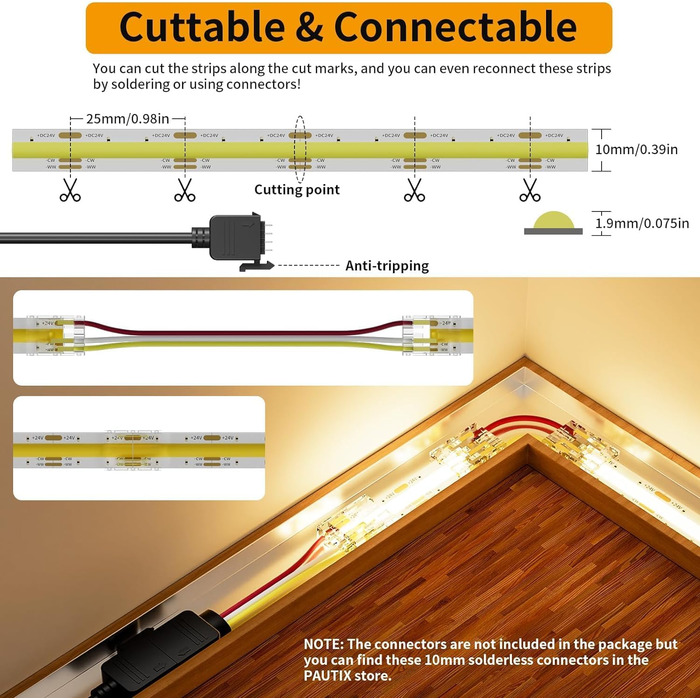 Світлодіодна стрічка PAUTIX COB CCT Теплий білий Холодний білий, 10 М з можливістю затемнення 2700K-6500K з інтелектуальним керуванням додатком 6400 світлодіодів Набір світлодіодних стрічок 24 В із джерелом живлення, CRI93 Супер яскравий для кухонного тел