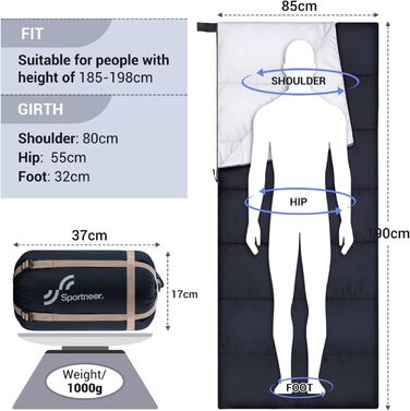 Спальний мішок Літній спальний мішок Sportneer Теплий літній спальний мішок Портативний легкий водонепроникний спальний мішок з компресійним мішком для кемпінгу, рюкзака, піших прогулянок, подорожей Чорний