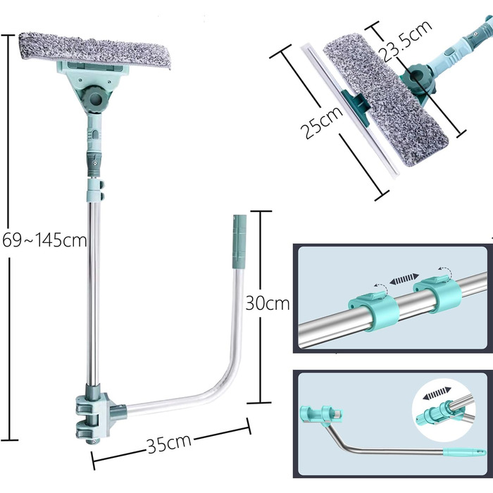 Телескопічна штанга для миття вікон Hooha 2-в-1 зі знімачем вікон з обертанням на 180, штангою U-подібного кронштейна та телескопічною ручкою 69-145 см для скла/вікна/баньо/підлоги/автомобіля