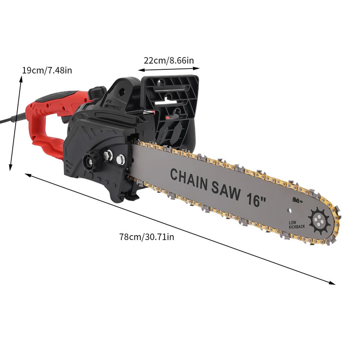 Вт Потужна ланцюгова пила електрична 16-дюймова шина, двигун 220 В, електрична ланцюгова пила Дротяна ланцюгова пила електрична, натягування ланцюга без інструменту, макс. швидкість ланцюга 650 м/хв, 2000