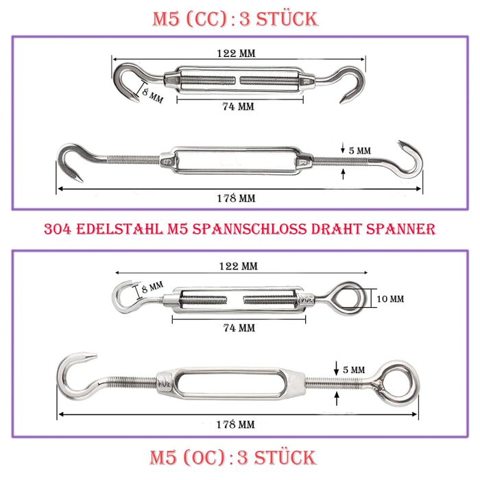 Набір натягувачів дроту Turnbuckle M5, з талрепом M5 з нержавіючої сталі, затискачем для троса 3 мм з нержавіючої сталі, тросовими наперстками 3 мм і прес-затискачем 3 мм алюміній для затягування натягнутої мотузки, 30 шт.