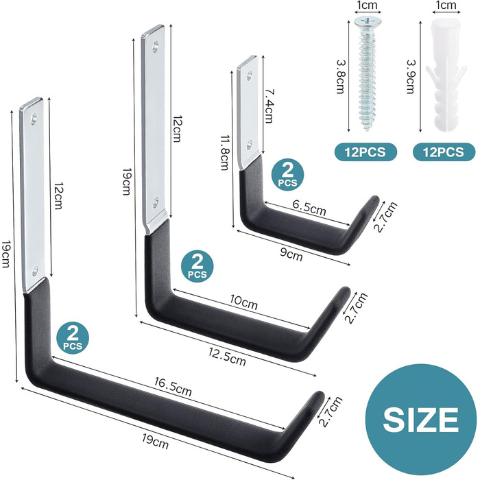 Набір Mynoozi з 6 надміцних J-подібних гачків, настінні гачки для комунального гаража, надміцні сталеві гачки для підвішування садових інструментів, велосипедів, спортивного інвентарю, громіздких предметів (2S & 2M & 2L)