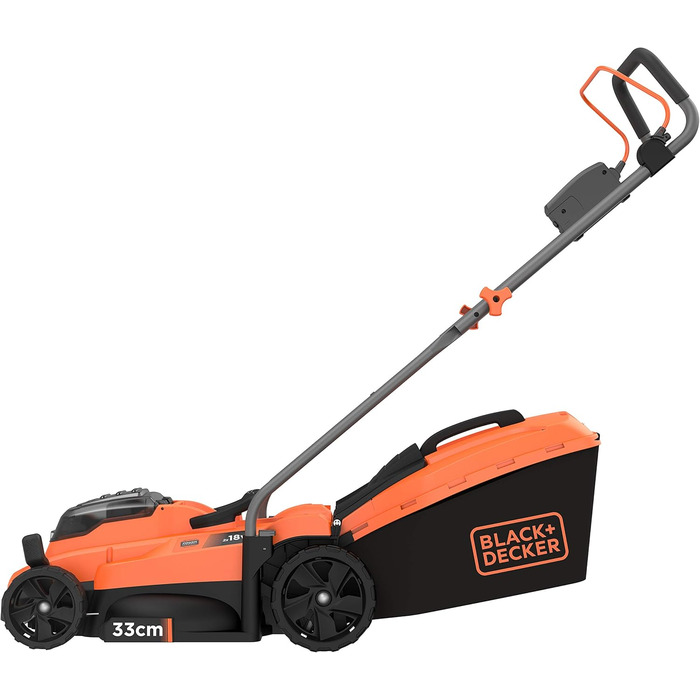 Акумуляторна газонокосарка BlackDecker BCMW3318L2 (живлення від 2 батарей 18 В, 2,5 Ач, ширина зрізу 33 см, для газонів площею до 250 м, 5-позиційне регулювання висоти, в комплекті 2 батареї, зарядний пристрій)