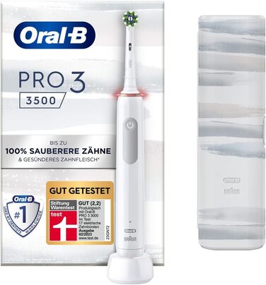 Електрична зубна щітка/електрична зубна щітка Oral-B PRO 3 3500, з 3 режимами чищення та візуальним регулюванням тиску на 360 для догляду за зубами, смужки для подорожей, подарунок чоловіку/жінці, дизайн від Braun, дизайн білої смуги