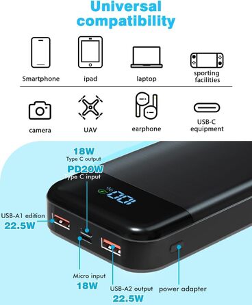 Зовнішній акумулятор мобільного телефону PD20W Швидка зарядка Powerbank USB C зі світлодіодним дисплеєм 3 виходи і 2 входи Портативний зарядний пристрій для смартфонів (003), 27,000mAh 22.5W