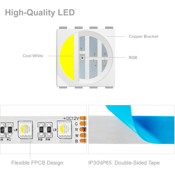 Теплий білий (2700K-3000K) 4 кольори в 1 Світлодіод 5м 60 світлодіодів/м Багатобарвна світлодіодна стрічка IP65 Силіконове покриття Водонепроникна біла друкована плата DC12V для прикраси інтер'єру (Rgb холодний білий 4 кольори в 1, IP 65), 5050 RGBW RGB