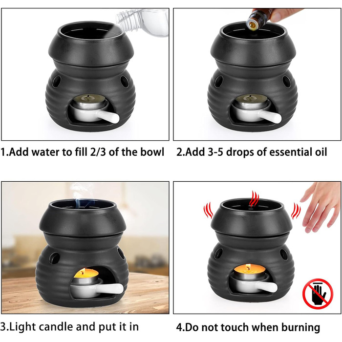 Керамічна ароматична лампа з підсвічником для чаю калабаш ароматична лампа ароматичне світло ароматичний пальник для ароматичної олії та ароматичного воску (чорний), 2 шт.