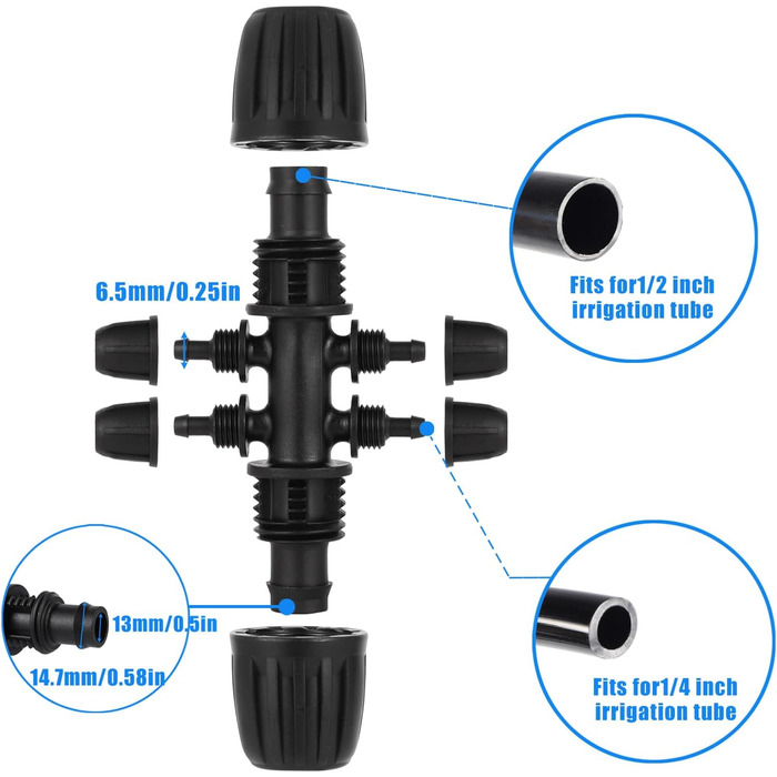 Комплекти крапельного зрошення від 1/2 дюйма до 1/4 дюйма для (1/2 дюйма ID x 0,60 ''-0,63 дюйма OD) 16 мм зрошувальна труба, з'єднувач садового шланга Колючий з'єднувач для чаю (10 шт. колючого чаю 6-сторонній)