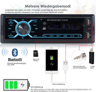 Автомобільна стереосистема iFreGo з Bluetooth гучного зв'язку, 7-колірна автомобільна стереосистема MP3-плеєр/FM-радіо з пультом дистанційного керування, автомобільна стереосистема 1 Din з Bluetooth5.0 / USB/TF/AUX, швидка зарядка, 60 Вт 4