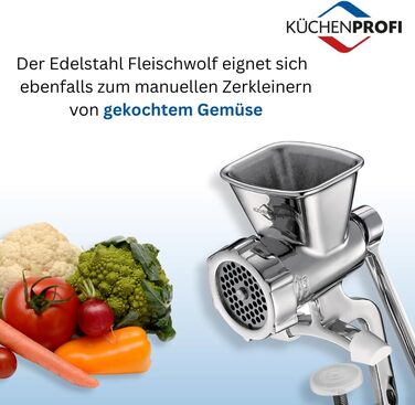 Ручна м'ясорубка Kchenprofi SOLIDO з нержавіючої сталі, в т.ч. 3 перфорованих диска та насадка для печива, для подрібнення м'яса, як кондитерський прес для печива та багато іншого, з надзвичайно великим затискачем для столу