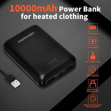 Power bank для жилета та куртки з підігрівом 10000mAh, USB-C, micro USB, 2 вихідні порти USB, сумісний з одягом на 5V