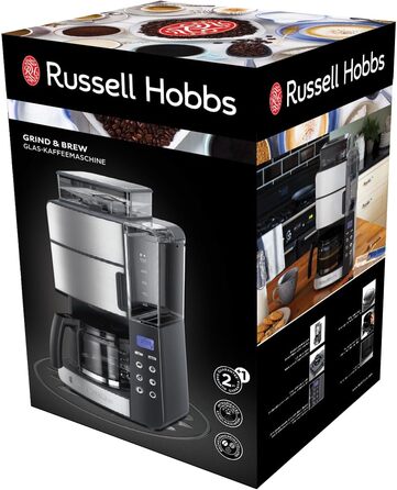 Кавоварка Russell Hobbs зі скляним глечиком для кавомолки цифровий таймер, душова лійка для оп. Екстракція та аромат Grind&Brew (макс. 10 чашок, 3-ступінчасте налаштування помелу) Кавоварка з фільтром 25610-56