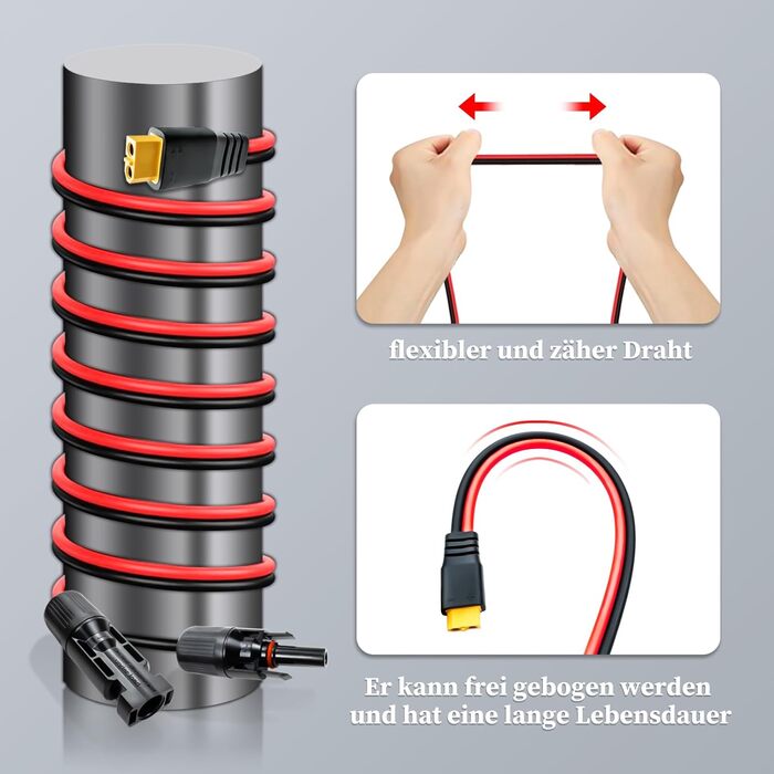 Сонячний кабель JUYLTOOL з роз'ємом XT60, подовжувач XT60 4 мм 3 м сонячний зарядний кабель для портативних електростанцій Ecoflow, сонячні генератори, 12 AWG чорнийчервоний