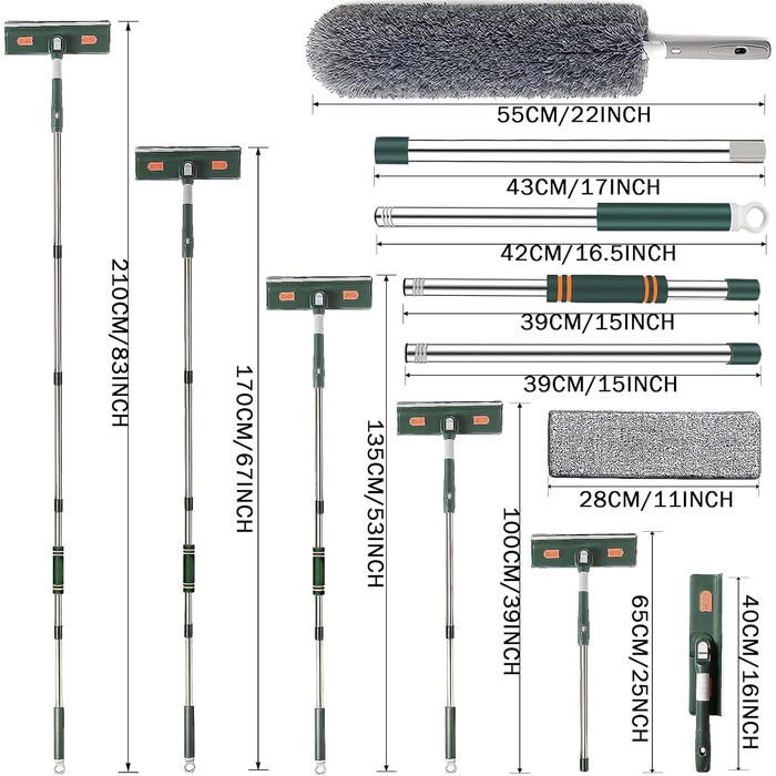 Склоочисник Dubest з телескопічною ручкою, професійний набір для миття вікон з 3 накладками з мікрофібри та пір'яним Duster, інструменти для очищення скла з обертовою головкою для очищення скла для високих вікон на вулиці та вдома