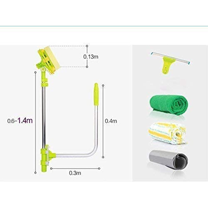 Подібний пристрій для миття вікон, засіб для миття вікон зовні з телескопічною штангою, кутом кріплення губки та регульованим віконним ракелем