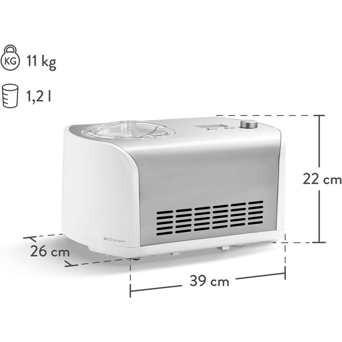 Морожениця SPRINGLANE Elli 1,2 л з самоохолоджуючим компресором 135 Вт, машина для морозива з нержавіючої сталі зі знімним контейнером для морозива, в т.ч. буклет з рецептами