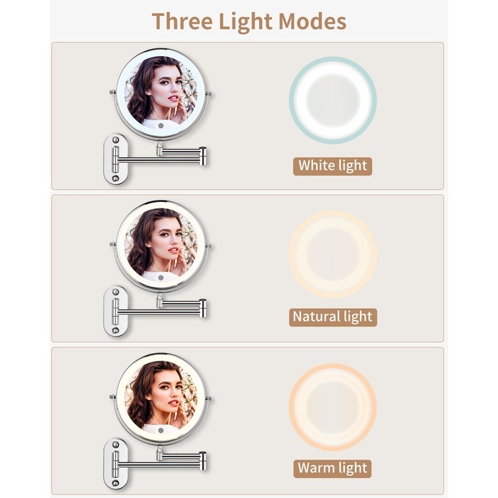Дзеркало косметичне дзеркало для гоління дзеркало для гоління 360 поворотне настінне дзеркало для макіяжу для ванної кімнати з / 10 шт. освітленням дзеркало збільшення з освітленням 3 кольори вогнів