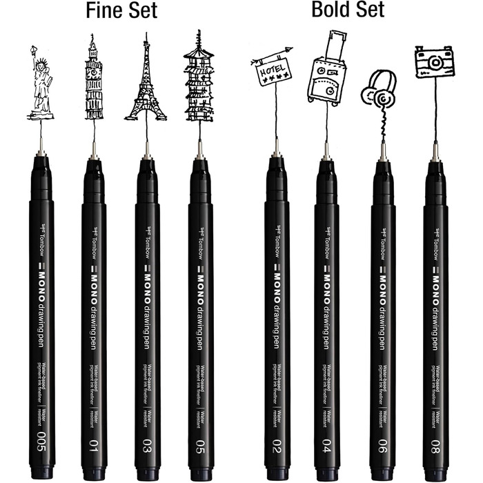 Ручка для малювання Tombow Fineliner MONO, набір Bundle, пігментне чорнило, водо- та світлостійкість, для ескізів, для ілюстрації та малювання, чорна, набір з 8 шт.