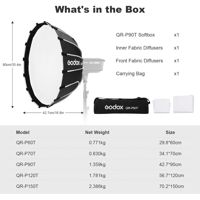 Параболічний софтбокс з Quick Release 90 см, кріплення Bowens, софтбокс з кейсом для перенесення, 2 розсіювачі для фотозйомки, стабільне світло, моноліхтарі, портретні знімки Vedio (90,2 см, софтбокс) 35,5 дюймів Софтбокс, 90T