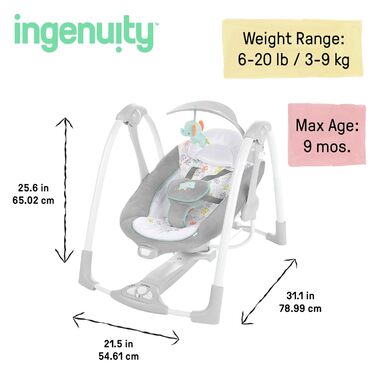 Розбірні та портативні дитячі гойдалки Ingenuity, 5 швидкостей гойдання, 8 мелодій, 3 звуки природи, регулятор гучності та вішалка для іграшок, від народження до 9 кг (Wimberly)