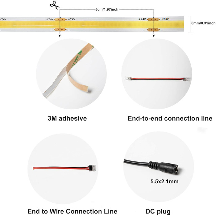 Світлодіодна стрічка GIDEALED DC24V COB 4000K Натуральний білий, 5 м з можливістю затемнення 480 світлодіодів/м CRI 90 Супер яскрава без темних плям Гнучкі білі світлодіодні стрічки для проекту освітлення вдома та офісу своїми руками, тільки світлодіодна 