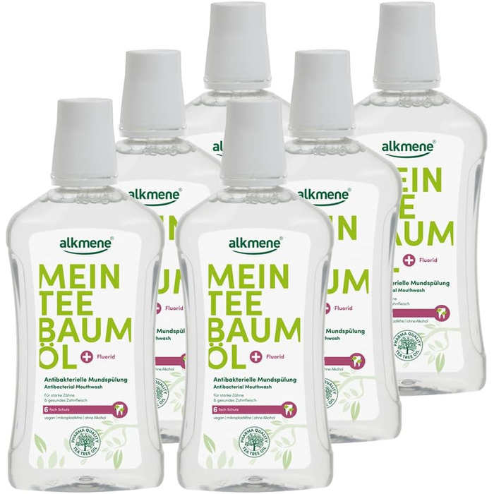 Антибактеріальна рідина для полоскання рота alkmene My Tea Tree Oil 6 шт. 500 мл з 6-кратним захистом - натуральна олія чайного дерева, веганська та кліматично нейтральна - Ополіскувач для порожнини рота для міцних зубів і здорових ясен - Ополіскувач для 