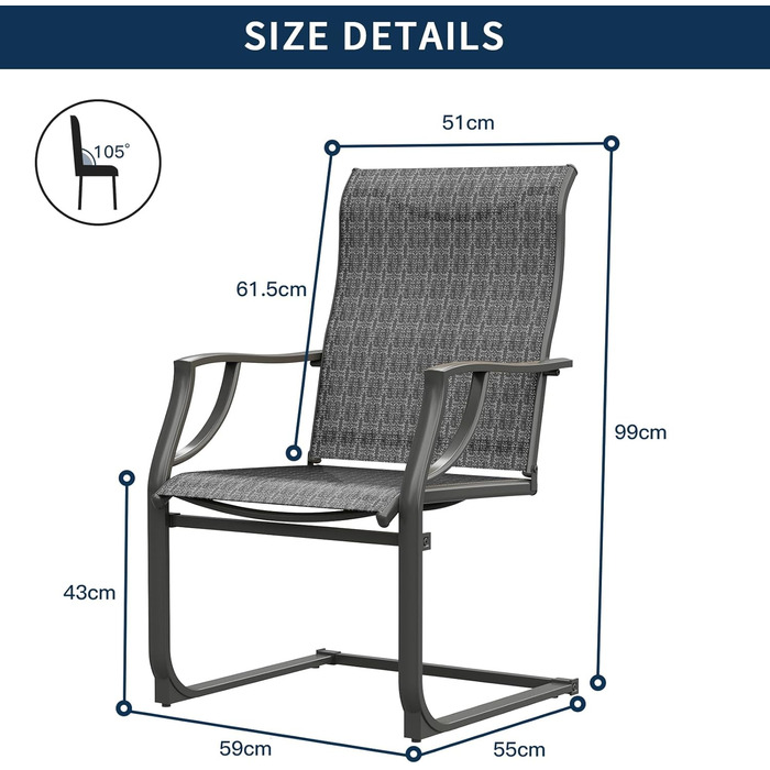Набір з 2 садових стільців, Садовий стілець з високою спинкою металевий, Садові стільці Weatherproof, Стілець з підлокітниками, Балконний стілець до 160кг, Крісла для патіо, Садове крісло для вулиці, Патіо, Балкон, Grey Grey 2 шт.