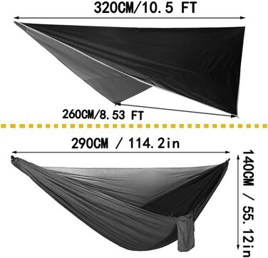 Набір кемпінгових гамаків, одинарний двомісний гамак, москітна сітка, сітка від комах, дощовик, підвісне ліжко з парашутної тканини високої міцності. Підходить для активного відпочинку, походів, кемпінгу, подорожей чорний
