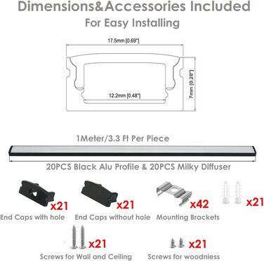Світлодіодний алюмінієвий профіль 20 x 1 м, U-подібний світлодіодний профіль чорний, профіль розсіювача світлодіодної стрічки з молочною кришкою, торцевими кришками та монтажним кронштейном Алюмінієвий профіль для світлодіодної стрічки (U-подібна форма 20