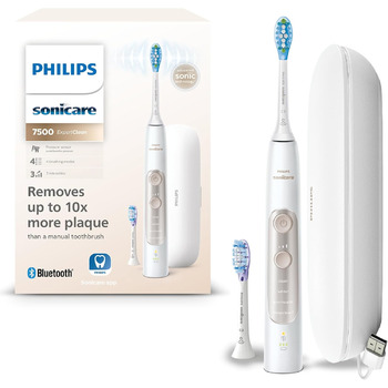 Електрична зубна щітка Philips Sonicare ExpertClean 7500, звукова зубна щітка з додатком, 4 режими очищення та 3 рівні інтенсивності, датчик тиску, дорожній футляр, біле золото, модель HX9691/02